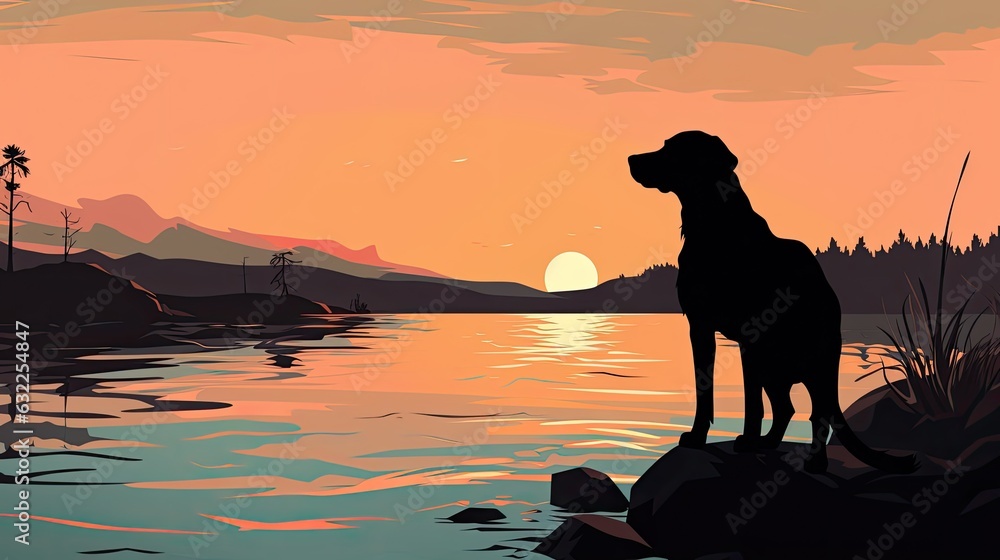 Silhouette of a pointer dog by a river at dusk Silhouette of a pointer dog by a river at dusk