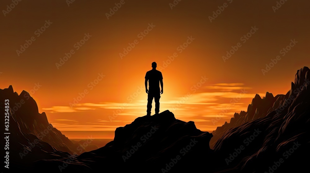 Silhouette of a man on a rock admiring a beautiful sunset