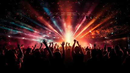 Concert crowd with colorful stage lights and confetti