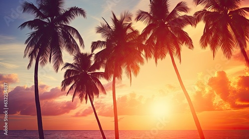 Palm tree silhouettes at sunset on a tropical beach with vintage bokeh effect © HN Works