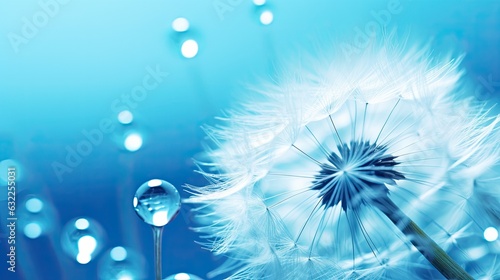 Macro image of a dandelion seed with a water drop on it set against a vivid blue and turquoise backdrop Free space for text Vibrant and artistic