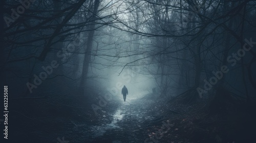 Mysterious figure facing away watching path in eerie forest Winter day Grungy textured edit