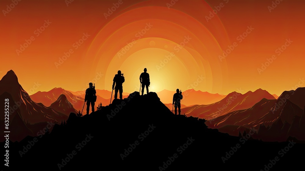 Team silhouette on mountain symbolizes leadership