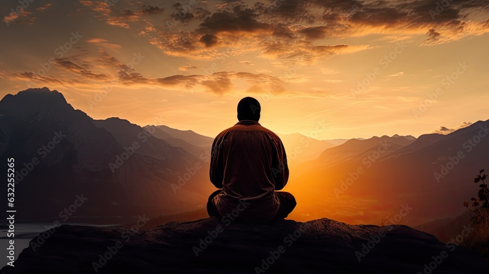 Man in silhouette praying to God on mountain at sunset