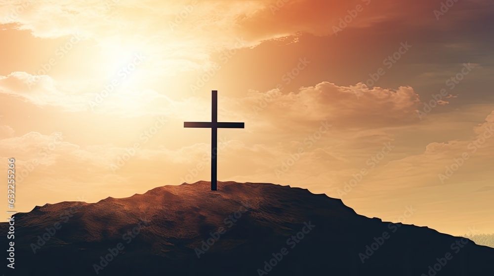 Silhouette of cross on hill against sky Christianity emblem