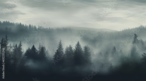 Thick white fog and heavy rain cloak the forest Tree shapes disappear in the mist amid grain and texture of clouds