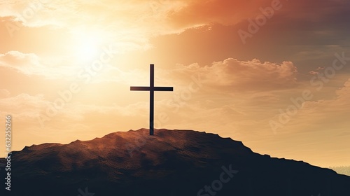Silhouette of cross on hill against sky Christianity emblem