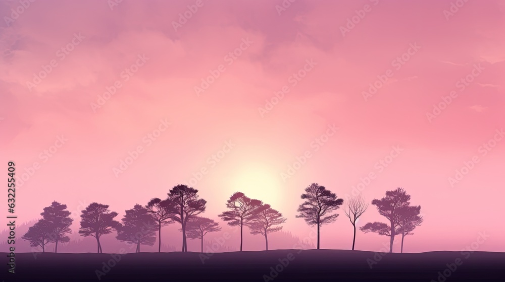 Empty trees at dawn silhouetted against a vibrant pink sky