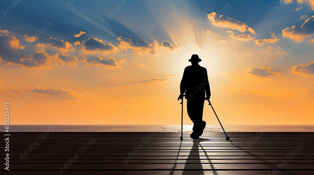 Old man strolling on the promenade aided by a cane