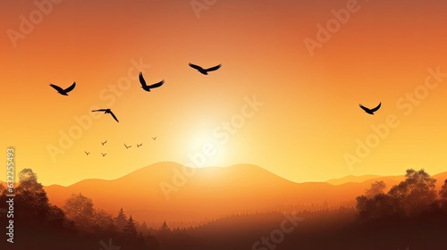 World environment day symbol Birds flying at dawn over autumn landscape