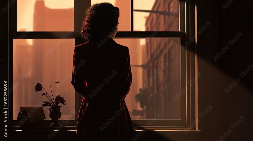 A retro clad woman stands on the windowsill gazing out