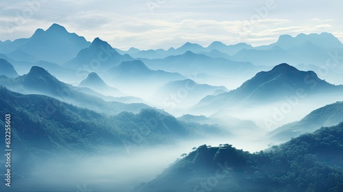 Beautiful Indian mountains with silhouettes visible through fog in Manila valley © HN Works