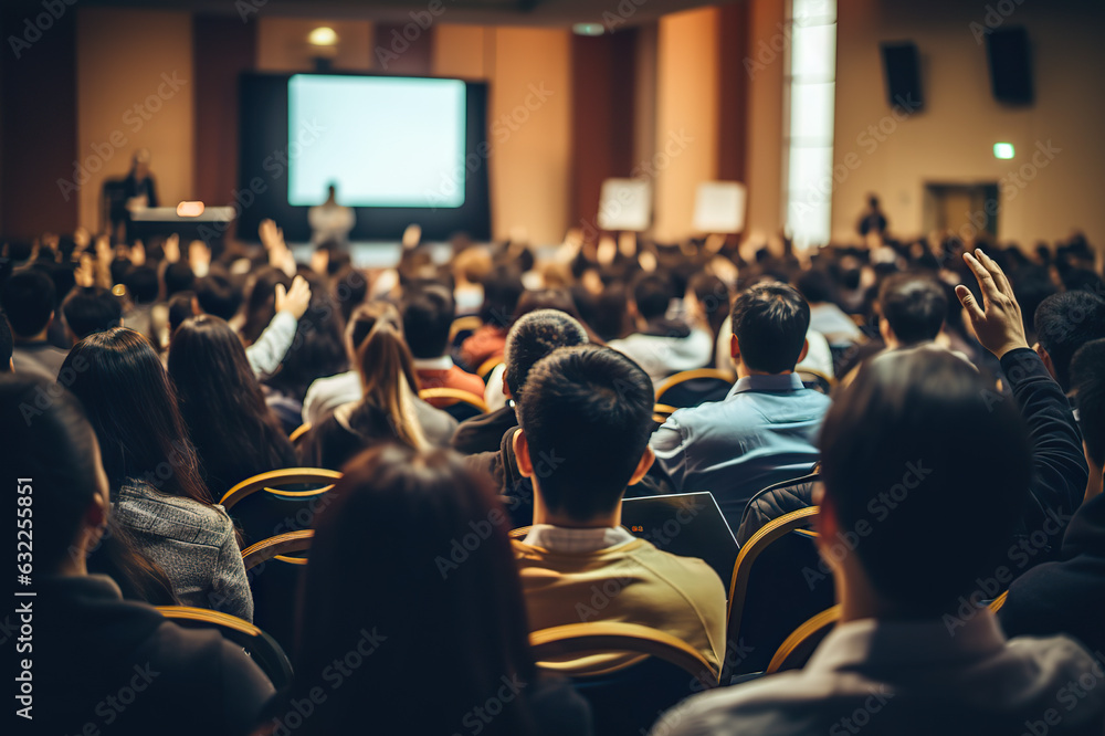 Engaging Speaker at Conference Hall Rear View of Audience in Business and Education Concept. created with Generative AI Engaging Speaker at Conference Hall Rear View of Audience in Business and Education Concept. created with Generative AI