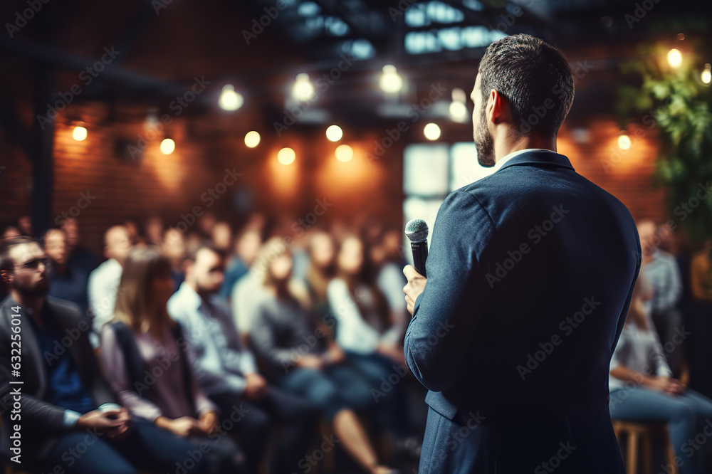 Inspirational Public Speaker Engaging the Audience with a Captivating Talk as People Blur in the Background. created with Generative AI Inspirational Public Speaker Engaging the Audience with a Captivating Talk as People Blur in the Background. created with Generative AI