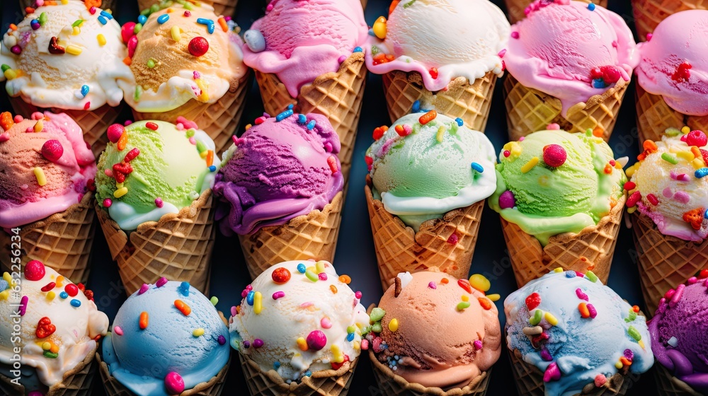 Assortment scooping ice cream in sugar cones. Colorful set of ice cream balls with different flavors. Top view. Illustration for cover, card, postcard, interior design, advertising, marketing or print