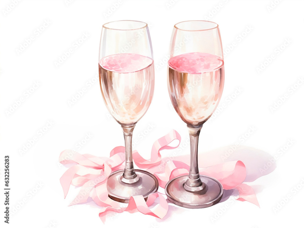 Two glasses of champagne with pink ribbon on a white background, isolated.AI Generated Two glasses of champagne with pink ribbon on a white background, isolated.AI Generated