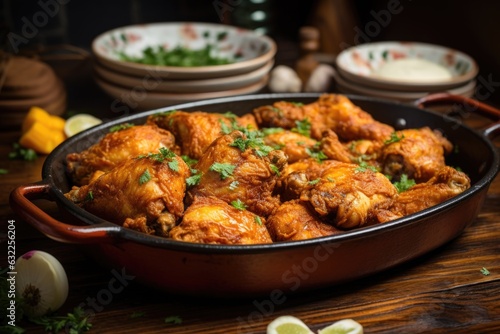beautifully cooked fried chicken in a serving dish