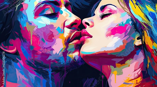 Passionate  kiss between charming handsome lovers. Colorfull image of loving couple. Cropped close up profile. Illustration for cover, card, postcard, interior design, decor or print.