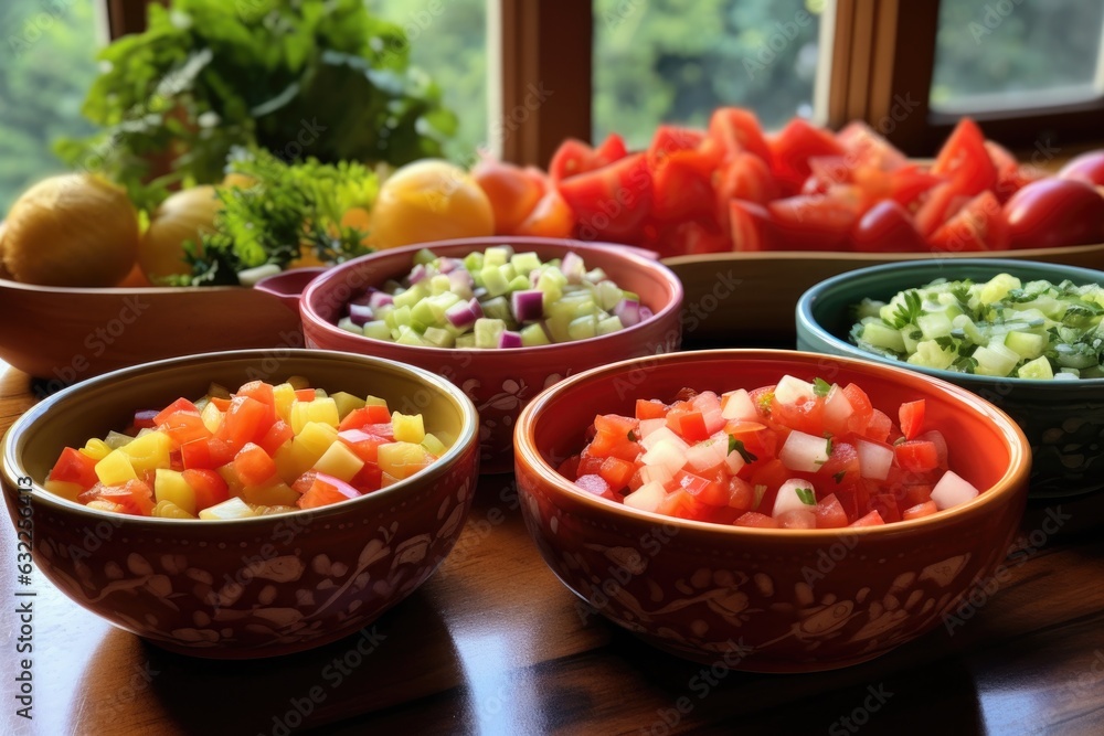 chopped vegetables in individual bowls for gazpacho