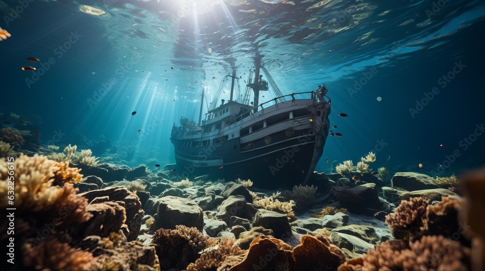 A sunken ship at the bottom of the ocean or sea. wrecked ship. Underwater landscape. The sun's rays break through the water. Generative AI
A sunken ship at the bottom of the ocean or sea. wrecked ship. Underwater landscape. The sun's rays break through the water. Generative AI