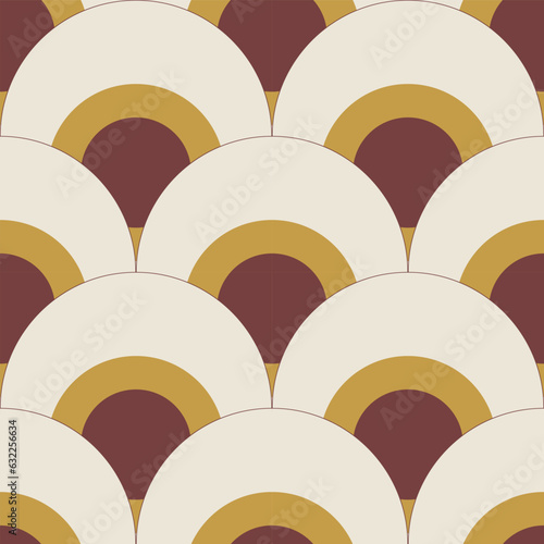 Retro 70s scale vector pattern background. Seamless scallop backdrop in orange retro colors 1970s style. Abstract geometric repeat design. Symmetrical vintage all over print for business, packaging.