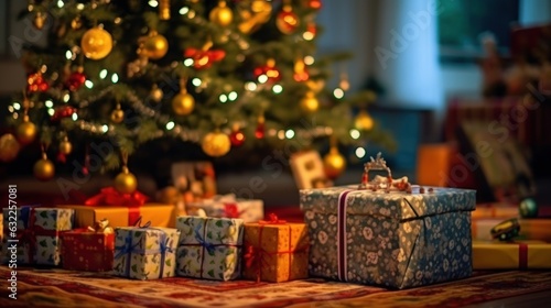 Christmas Tree with Christmas Presents. Toys  Lights Isolated in a Cozy Room. Christmas Tree with Decorations. Christmas Presents. Christmas Tree With Baubles  Blurred Shiny Lights. Merry Christmas.