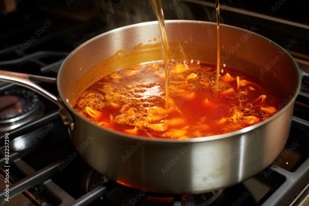 hot sauce simmering in a saucepan on stovetop hot sauce simmering in a saucepan on stovetop