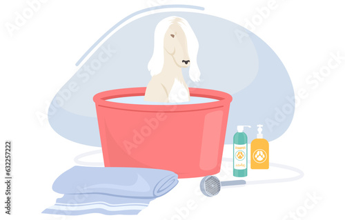Cute dog taking bubble bath in bathtub cartoon vector illustration