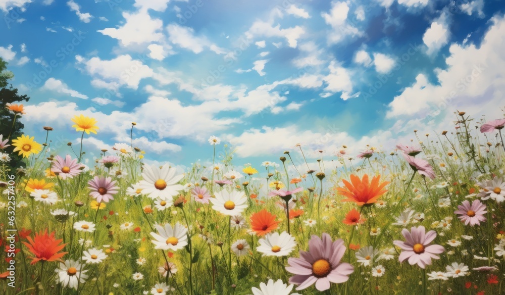 Colorful Daisies in a Summer Garden with Blue Sky AI Generated