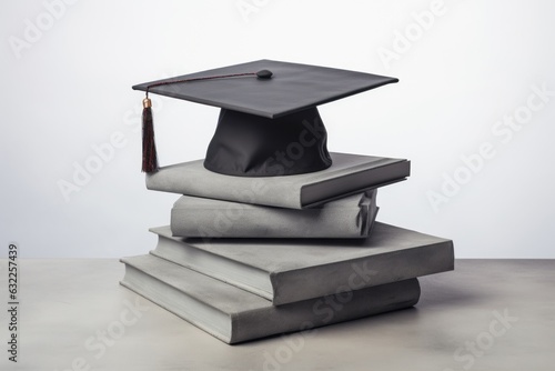 Stacked Graduation Cap and Books on White Background AI Generated