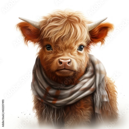 Adorable Baby Highland Cow Wearing a Scarf Clipart on White Background AI Generated