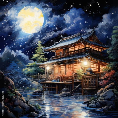 Japanese Noodle House under Starry Sky - Watercolor Painting AI Generated