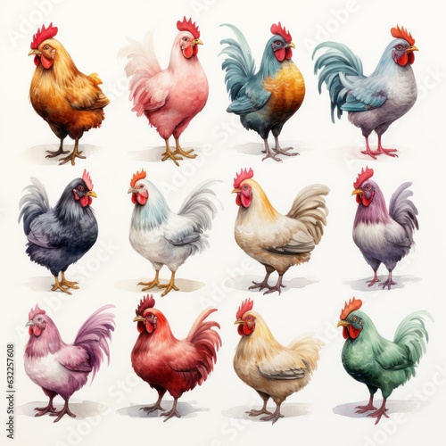 Funny Looking Chickens Watercolor Clipart on White Background AI Generated
