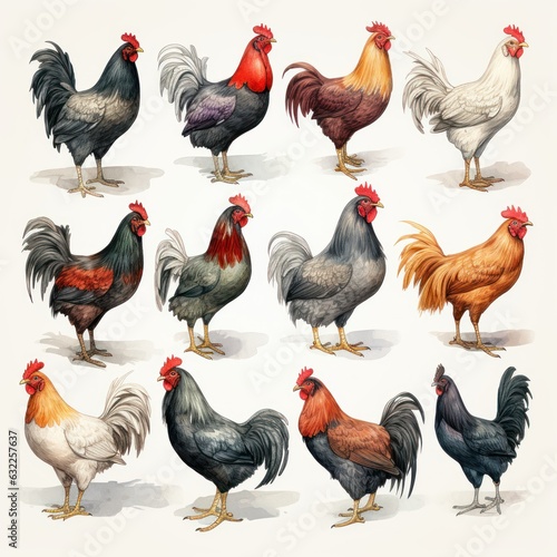 Funny Looking Chickens Watercolor Clipart on White Background AI Generated