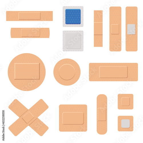 Set of different adhesive bandages or medical plasters, flat vector illustration isolated on white background.