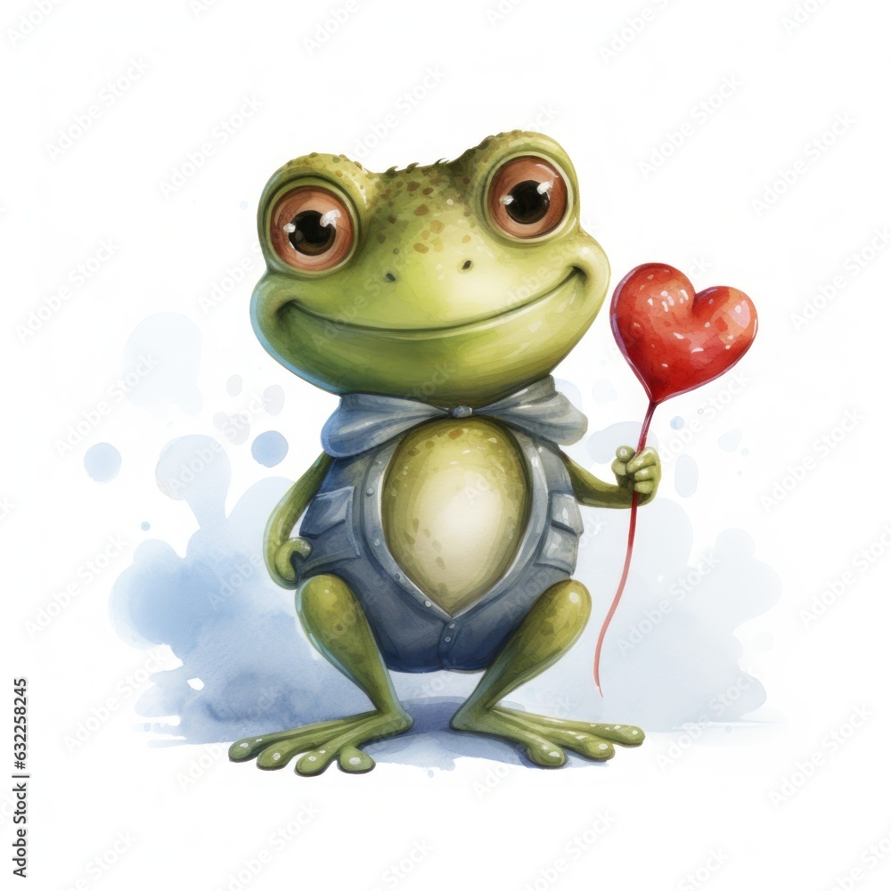 Obraz premium Smiley Frog Holding a Big Heart - Watercolor Clipart on White Background AI Generated