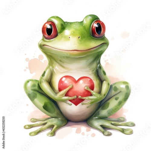 Smiley Frog Holding a Big Heart - Watercolor Clipart on White Background AI Generated