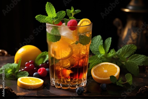 ice tea garnished with mint leaves and fruit slices