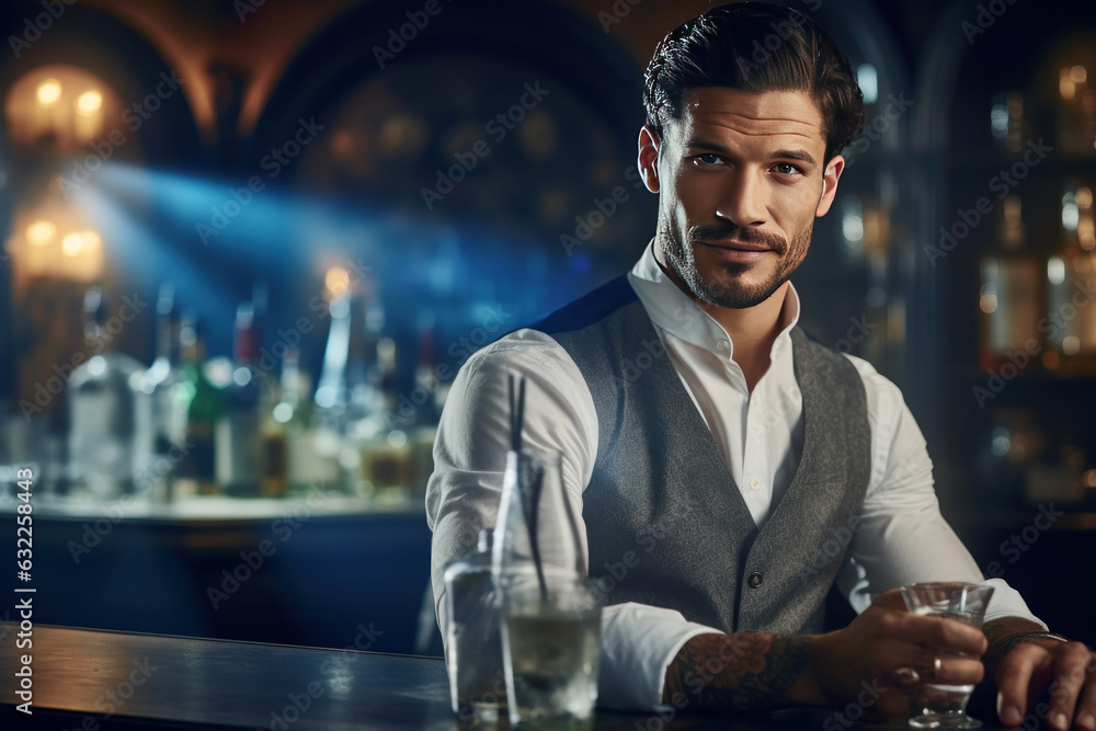 Barman is making cocktail at night club. AI generated