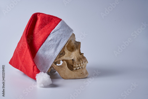 a skull with a red Santa Claus hat photo