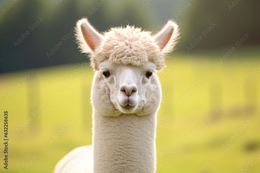 Obraz premium Close up of white alpaca looking straight ahead in the beautiful green meadow. AI generated