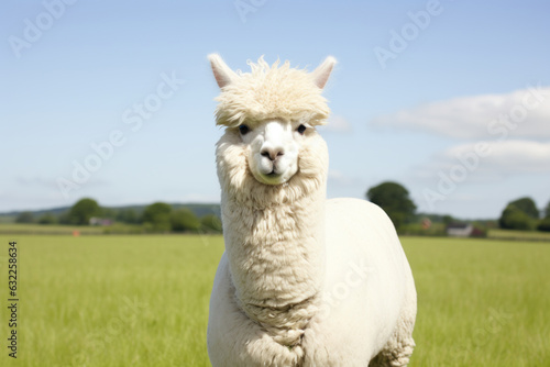 Close up of white alpaca looking straight ahead in the beautiful green meadow. AI generated photo