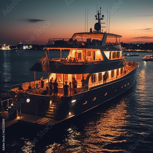 Party on yacht at night. AI illustration..