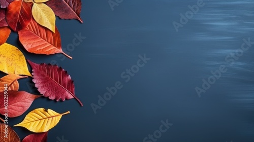 Autumn Leaves on Blue Slate Background - Top View AI Generated