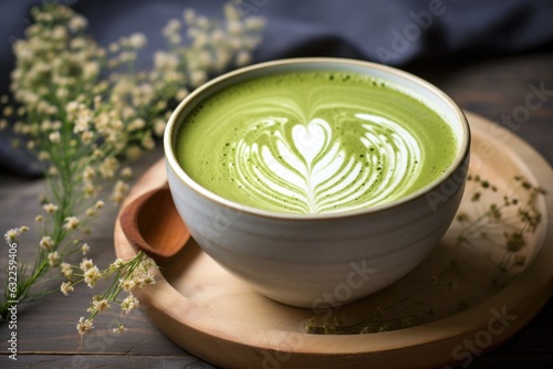 matcha latte with latte art on wooden surface