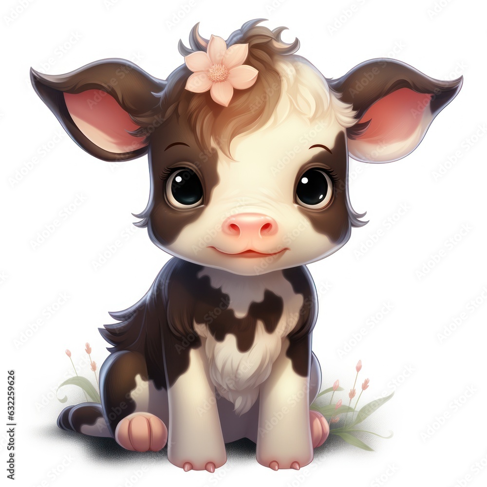Adorable Cartoon-Style Clipart of a Cute Baby Cow with Flowers on White Background AI Generated Adorable Cartoon-Style Clipart of a Cute Baby Cow with Flowers on White Background AI Generated