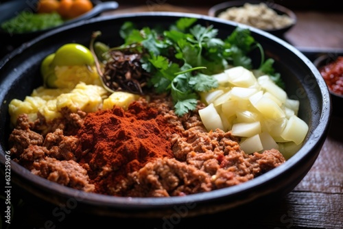 close-up of mixing ground meat and spices in a bowl