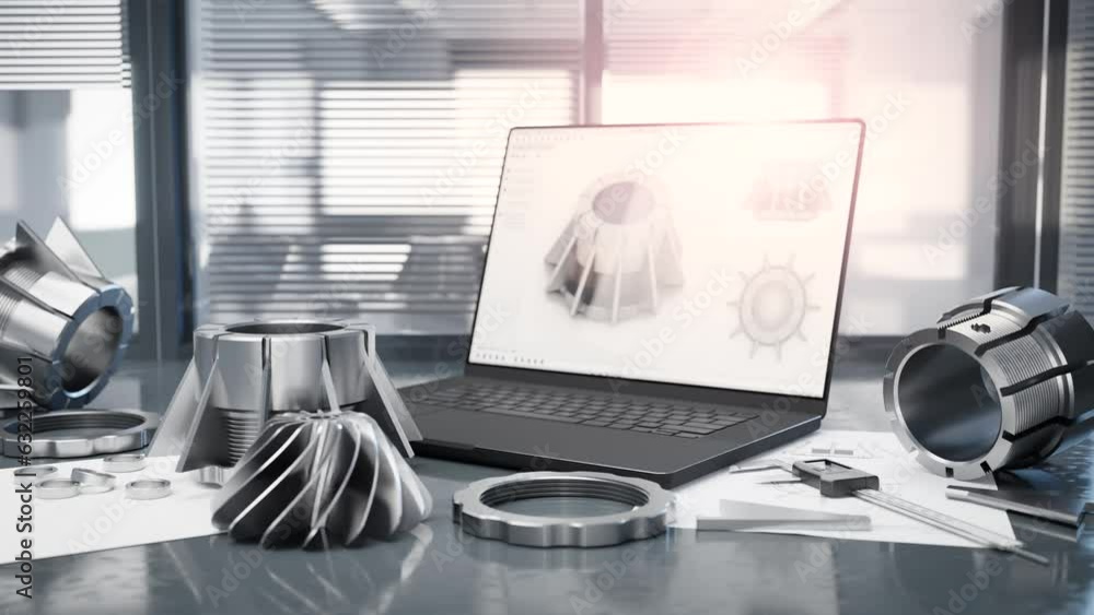 Engineer's desk while testing the quality of thread and fit mechanical components, using a caliper and a laptop with a CAD program. 3d render