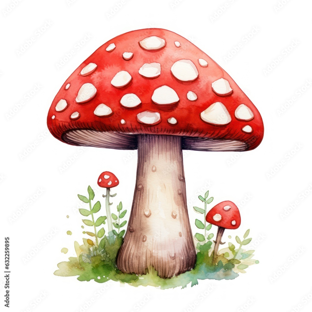 Cute Hand-Painted Toadstool Watercolor Clipart on White Background AI Generated Cute Hand-Painted Toadstool Watercolor Clipart on White Background AI Generated