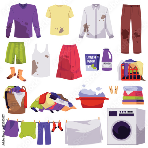 Dirty and messy clothes, laundry day elements set - flat vector illustration isolated on white background.
